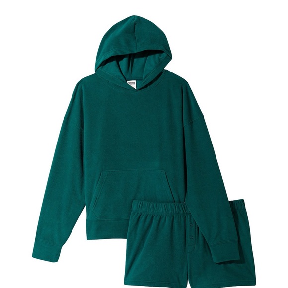 PINK by VS polar fleece short and hoodie pajama set green logo on back sz lg - Picture 9 of 12